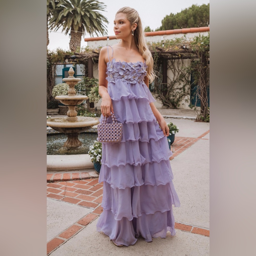 Show Me Your Mumu Gabriella Floral Appliqué Tiered Maxi Dress In Lilac